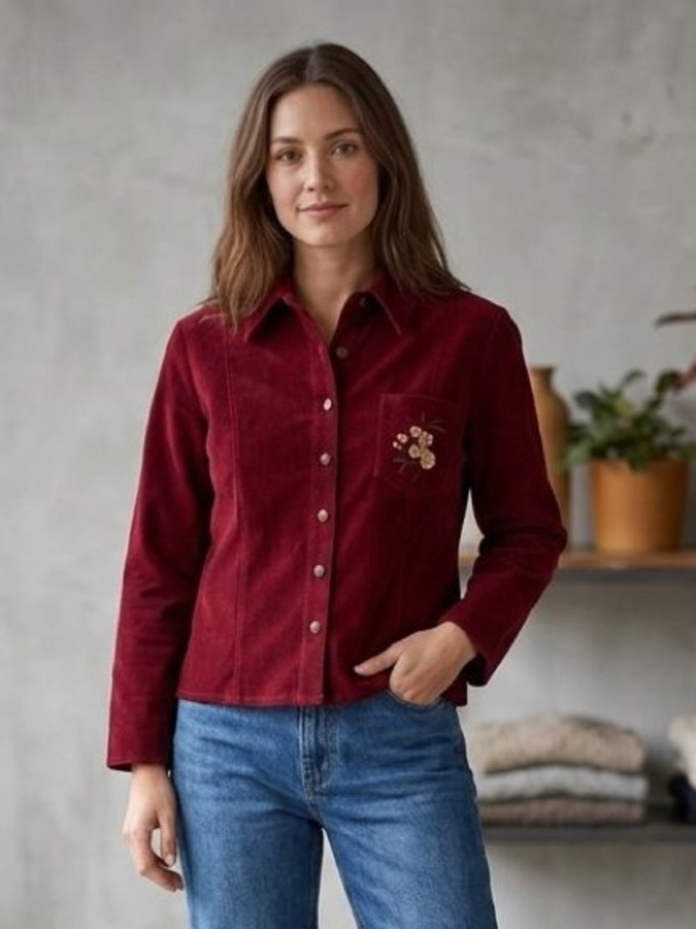 ✨ Darian Vintage Velvet-Feel Embroidered Button-Down Blouse